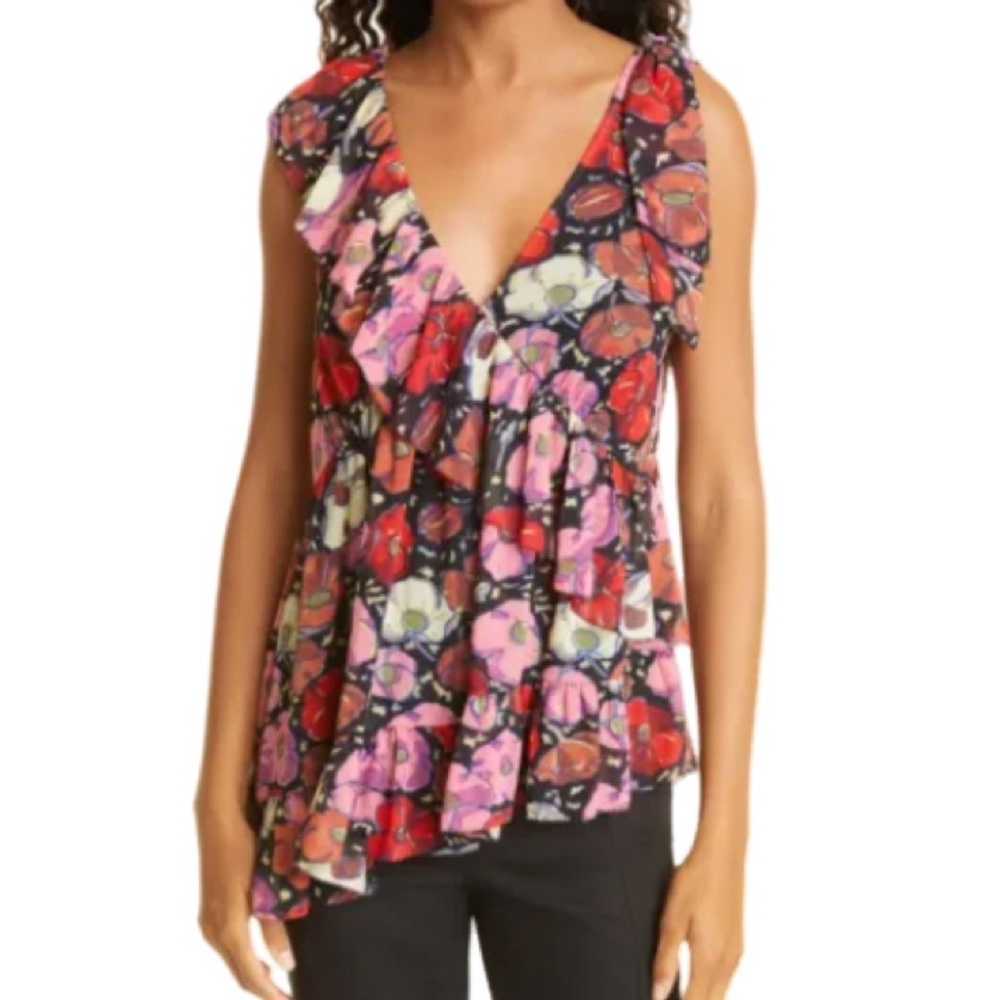 NWT Cinq a Sept Naomi Floral Ruffle Asymmetric Silk Top - Sz S
